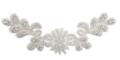 RHS-APL-786-SILVER.  Sew-On Clear Crystal Rhinestone Applique - On Net - Silver Beads - 13 X 4 Inches