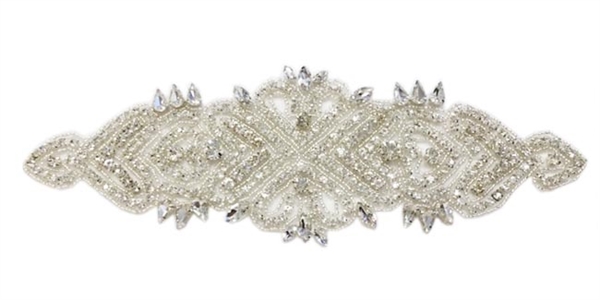 RHS-APL-808-SILVER.  Sew-On Clear Crystal Rhinestone Applique - On Net - Silver Beads - 11 X 3.5 Inches