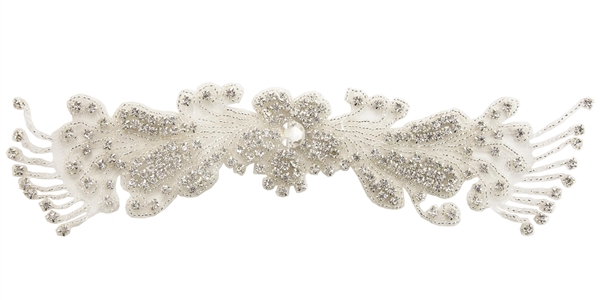 RHS-APL-813-SILVER.  Sew-On Clear Crystal Rhinestone Applique - On Net - Silver Beads - 10 X 3 Inches