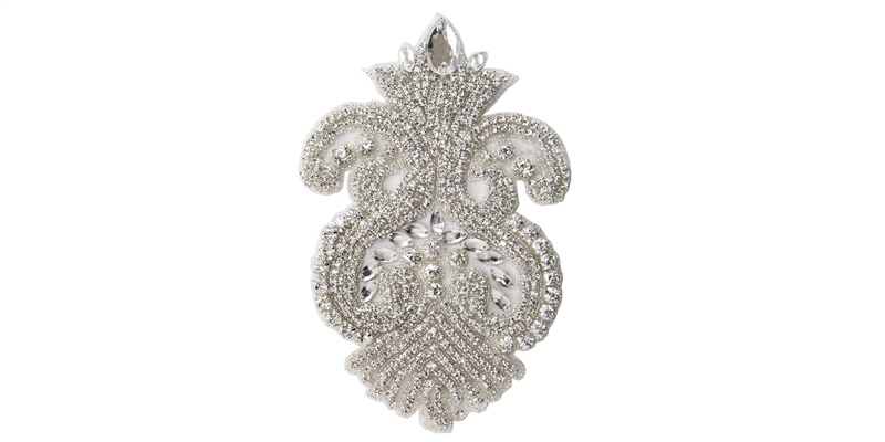 RHS-APL-823-SILVER.  Hot Fix Sew-On Clear Crystal Rhinestone Applique - Silver Beads