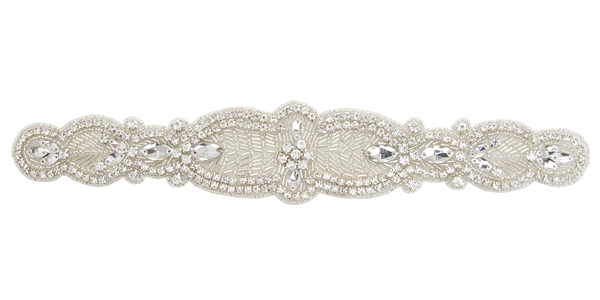 RHS-APL-825-SILVER.  CRYSTAL RHINESTONE APPLIQUE - 12 x 2 INCHES