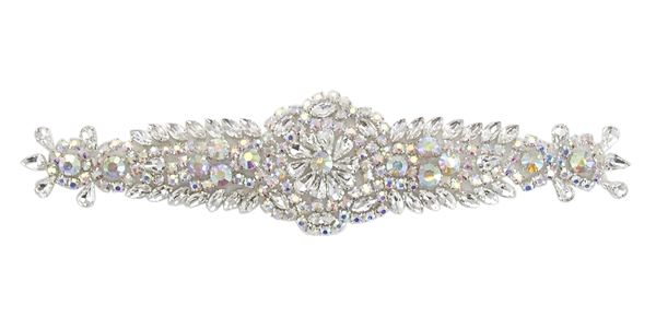 RHS-APL-833-AB.   Hot Fix / Sew-On AB Crystal Rhinestone Applique - Silver Beads - 8.5 X 2 Inches