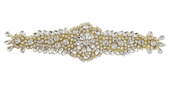 RHS-APL-833-GOLD.   Hot Fix / Sew-On Clear Crystal Rhinestone Applique - Gold Beads - 8.5 X 2 Inches