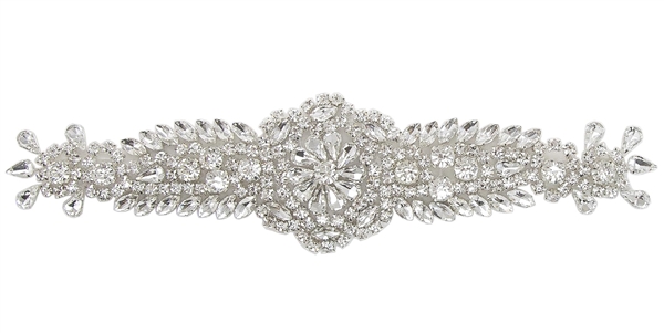 RHS-APL-833-SILVER.   Hot Fix / Sew-On Clear Crystal Rhinestone Applique - Silver Beads - 8.5 X 2 Inches