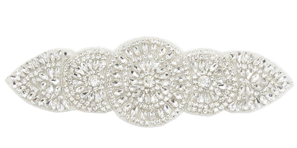 RHS-APL-834-SILVER.  CRYSTAL RHINESTONE APPLIQUE - 10 X 3 INCHES