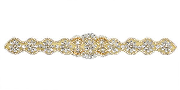 RHS-APL-838-GOLD.  Sew-On Glue-On Clear Crystal Rhinestone Applique - Gold Beads - 13 X 2 Inches