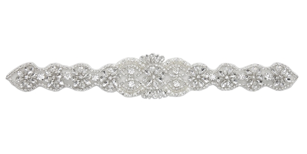RHS-APL-838-SILVER.  Sew-On Glue-On Clear Crystal Rhinestone Applique - Silver Beads - 13 X 2 Inches