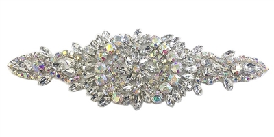 RHS-APL-853-AB.  Hot Fix / Sew-On Clear Crystal Rhinestone Applique - Silver Beads - 7 X 2 Inches