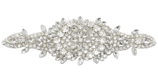 RHS-APL-853-SILVER.  Hot Fix / Sew-On Clear Crystal Rhinestone Applique - Silver Beads - 7 X 2 Inches