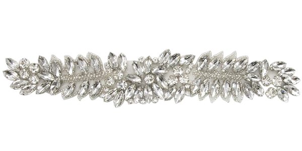 RHS-APL-855-SILVER.  CRYSTAL RHINESTONE APPLIQUE - 9.5" X 2"
