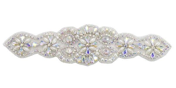 RHS-APL-856-AB.  Hot Fix / Sew-On AB Crystal Rhinestone Applique - Silver Beads - 8 X 2 Inches
