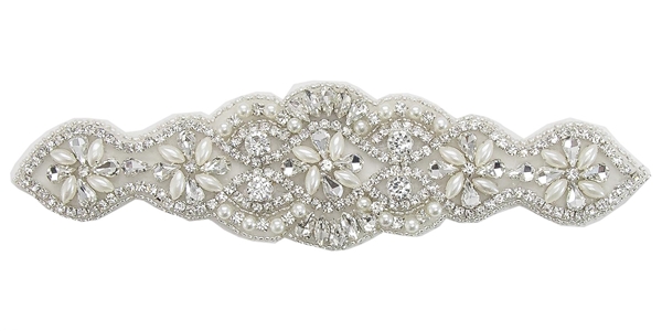 RHS-APL-856-SILVER.  Hot Fix / Sew-On Clear Crystal Rhinestone Applique - Silver Beads - 8 X 2 Inches