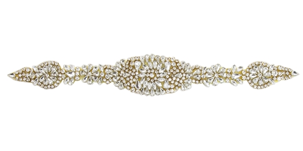 RHS-APL-857-GOLD. CRYSTAL RHINESTONE APPLIQUE - 14 X 2 INCHES