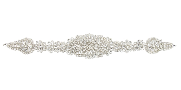 RHS-APL-857-SILVER. CRYSTAL RHINESTONE APPLIQUE - 14 X 2 INCHES