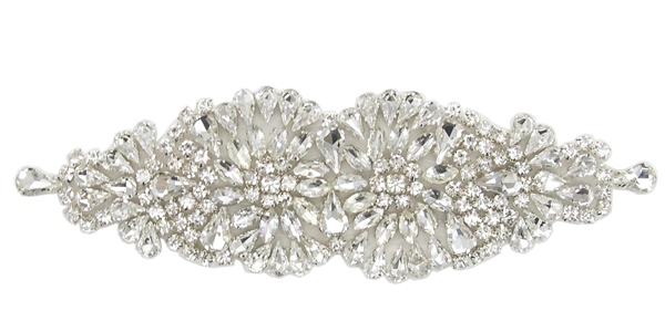 RHS-APL-858-SILVER.  Hot Fix / Sew-On Clear Crystal Rhinestone Applique - Silver Beads - 7 X 2 Inches