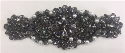 RHS-APL-862-AB. Hot Fix / Sew-On Black Crystal Rhinestone Applique with Black Beads and Silver Pearls - 5 X 2 Inches