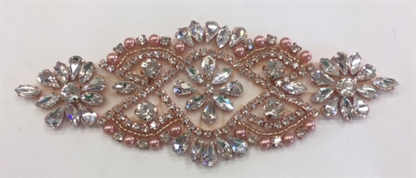 RHS-APL-862-ROSEGOLD. Hot Fix / Sew-On Clear Crystal Rhinestone Applique - 5 X 2 Inches