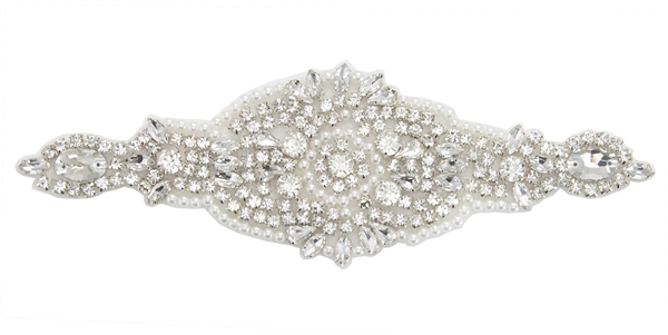 RHS-APL-863-SILVER.  Hot Fix or Sew-On Clear Crystal Rhinestone Applique - Silver Beads - 8 X 2.5 Inches