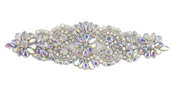 RHS-APL-864-AB.  Hot Fix / Sew-On AB Crystal Rhinestone Applique - 7 X 2 Inches