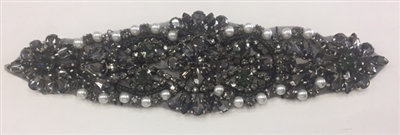RHS-APL-864-BLACK. Hot Fix / Sew-On Black Crystal Rhinestone Applique with Silver Pearls - 7 X 2 Inches