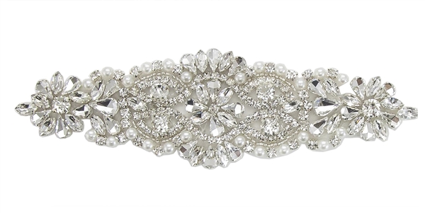 RHS-APL-864-SILVER.  Hot Fix / Sew-On Clear Crystal Rhinestone Applique - 7 X 2 Inches