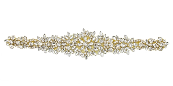 RHS-APL-865-GOLD.  Hot Fix / Sew-On Clear Crystal Rhinestone Applique - 11.5 X 2 Inches