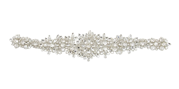 RHS-APL-865-SILVER.  Hot Fix / Sew-On Clear Crystal Rhinestone Applique - 11.5 X 2 Inches