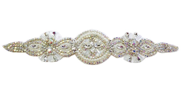 RHS-APL-866-AB-SILVER.  AB CRYSTAL RHINESTONE APPLIQUE ON SILVER- 13" X 2.5"