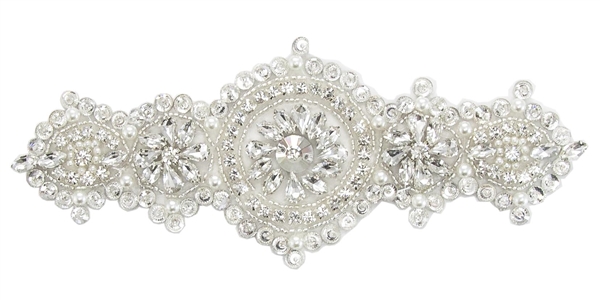 RHS-APL-872-SILVER.  Hot Fix / Sew-On Clear Crystal Rhinestone Applique - Silver Beads - 7.5 x 3 Inches