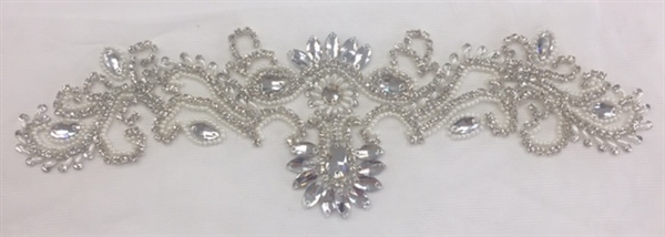 RHS-APL-879-SILVER. Sew-On  Clear Crystal Rhinestone Applique - On Net - Silver Beads - 15 X 5 Inches