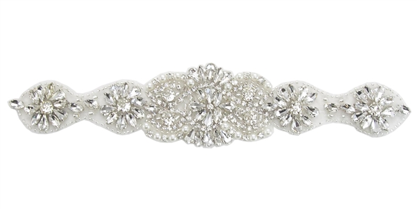 RHS-APL-887-SILVER.  Hot Fix / Sew-On Clear Crystal Rhinestone Applique - Silver Beads - 9.5 x 2 Inches