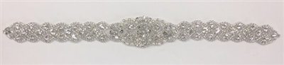 RHS-APL-913-SILVER.   Hot-Fix and Sew-On Clear Crystal Rhinestone Applique - With Pearls, Silver Beads and Clear Crystals - 18 x 2 Inches