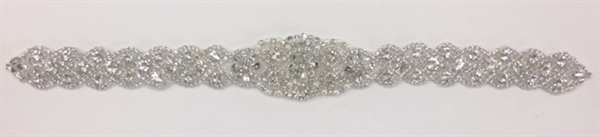 RHS-APL-913-SILVER.   Hot-Fix and Sew-On Clear Crystal Rhinestone Applique - With Pearls, Silver Beads and Clear Crystals - 18 x 2 Inches