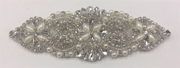 RHS-APL-917-SILVER.   Hot-Fix and Sew-On Clear Crystal Rhinestone Applique - With Pearls, Silver Beads and Clear Crystals - 5.5 x 2 Inches