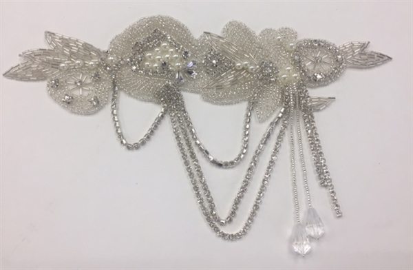 RHS-APL-919-SILVER.   Hot-Fix and Sew-On Clear Crystal Rhinestone Applique - With Pearls, Silver Beads and Clear Crystals - 10 x 5.5 Inches