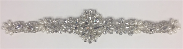 RHS-APL-920-SILVER.   Hot-Fix and Sew-On Clear Crystal Rhinestone Applique - With Pearls, Silver Beads and Clear Crystals - 11 x 2.25 Inches