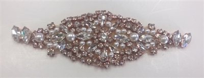 RHS-APL-921-ROSEGOLD. Hot-Fix and Sew-On Clear Crystal Rhinestone Applique - With Pearls, Rose Gold Beads and Clear Crystals - 6 x 2 Inches. Can be Used for Making Belts, Sashes, Head-Bands, Party Dresses and Costumes.