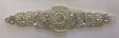 RHS-APL-923-SILVER. Hot-Fix and Sew-On Clear Crystal Rhinestone Applique - With Pearls, Silver Beads and Clear Crystals - 9 x 2 Inches. Can be Used for Making Belts, Sashes, Head-Bands, Party Dresses and Costumes.