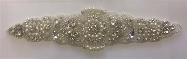 RHS-APL-923-SILVER. Hot-Fix and Sew-On Clear Crystal Rhinestone Applique - With Pearls, Silver Beads and Clear Crystals - 9 x 2 Inches. Can be Used for Making Belts, Sashes, Head-Bands, Party Dresses and Costumes.