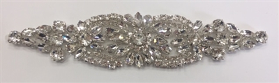 RHS-APL-924-SILVER. Hot-Fix and Sew-On Clear Crystal Rhinestone Applique - With Silver Beads and Clear Crystals - 6.5 x 1.5 Inches. Can be Used for Making Belts, Sashes, Head-Bands, Party Dresses and Costumes.