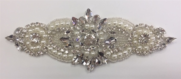 RHS-APL-926-SILVER. Hot-Fix and Sew-On Clear Crystal Rhinestone Applique - With Pearls, Silver Beads and Clear Crystals - 6 x 2.5 Inches. Can be Used for Making Belts, Sashes, Head-Bands, Party Dresses and Costumes.