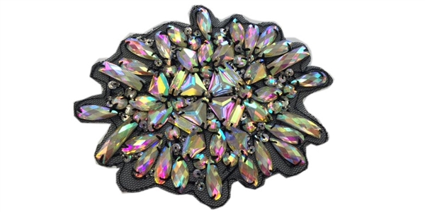 RHS-APL-739-AB-BLACK.  AB CRYSTAL RHINESTONE APPLIQUE ON BLACK TOOL- 5.5" X 4.5"