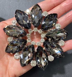 RHS-APL-M063-BLACK.  Rhinestone Appliques on Metal - Black Crystal on Silver Metal - 3.5" Diameter