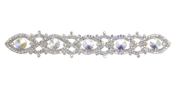 RHS-APL-100-AB.  Glue-On / Sew-On AB Crystal Rhinestone Applique - Silver Metal Backing - 1.5 inch X 10 Inch
