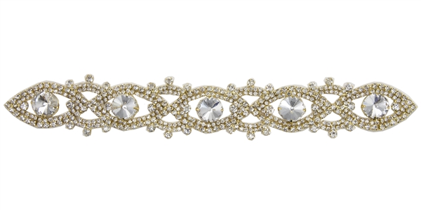 RHS-APL-M100-GOLD.  Glue-On / Sew-On Clear Crystal Rhinestone Applique - Gold Metal Backing - 1.5 inch X 10 Inch