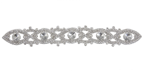 RHS-APL-100-SILVER.  Glue-On / Sew-On Clear Crystal Rhinestone Applique - Silver Metal Backing - 1.5 inch X 10 Inch