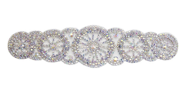 RHS-APL-M101-AB.  Glue-On / Sew-On AB Crystal Rhinestone Applique - Silver Metal Backing - 2.25 inch X 9 Inch