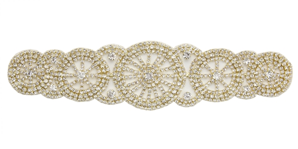 RHS-APL-M101-GOLD.  Glue-On / Sew-On Clear Crystal Rhinestone Applique - Gold Metal Backing - 2.25 inch X 9 Inch