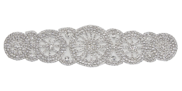RHS-APL-M101-SILVER.  Glue-On / Sew-On Clear Crystal Rhinestone Applique - Silver Metal Backing - 2.25 inch X 9 Inch