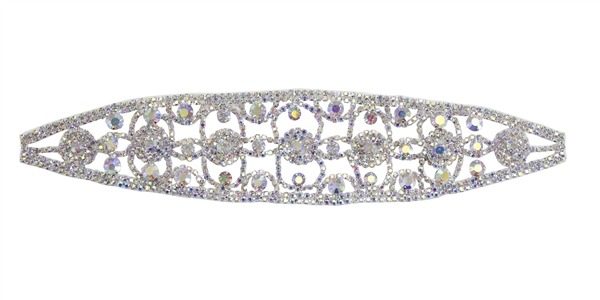 RHS-APL-104-AB.  Glue-On / Sew-On AB Crystal Rhinestone Applique - Silver Metal Backing - 2.25 inch X 9 Inch